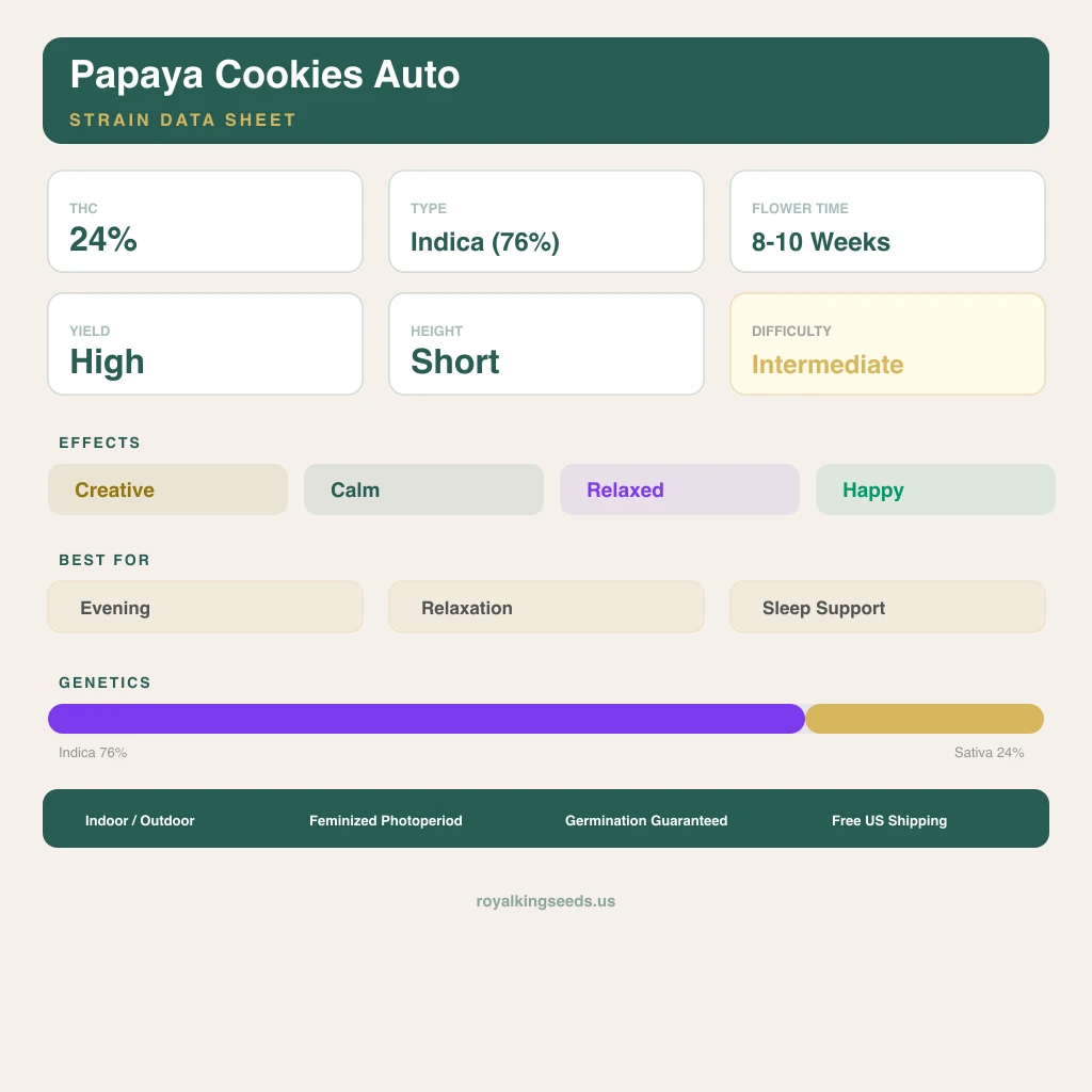 Papaya Cookies 76% indica / 24% sativa — fleur avec trichomes visibles