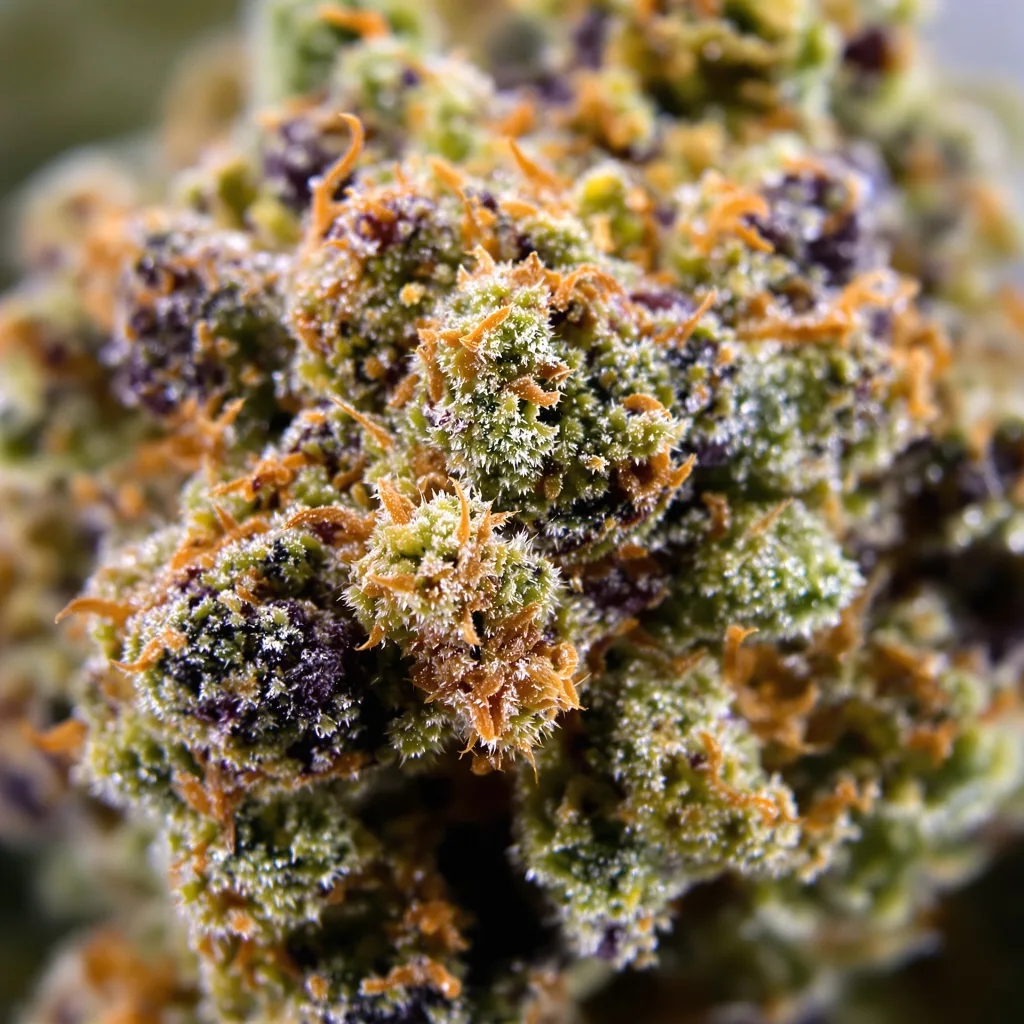 Gros plan de fleur de cannabis Papaya Cookies montrant calices denses aux reflets violets