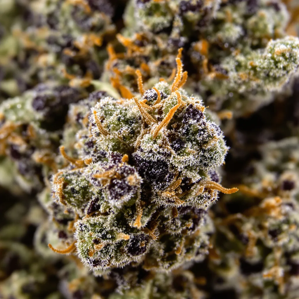 Gros plan de fleur de cannabis Papaya Cookies montrant calices denses aux reflets violets