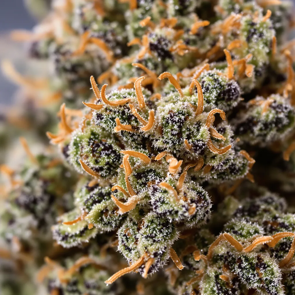 Gros plan de fleur de cannabis Papaya montrant calices denses aux reflets violets
