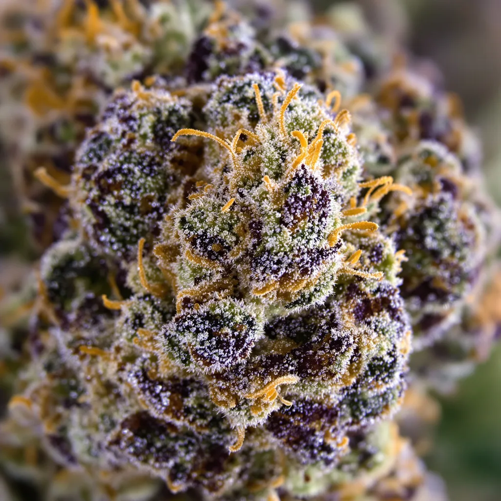 Gros plan de fleur de cannabis Paris XXX montrant calices denses aux reflets violets