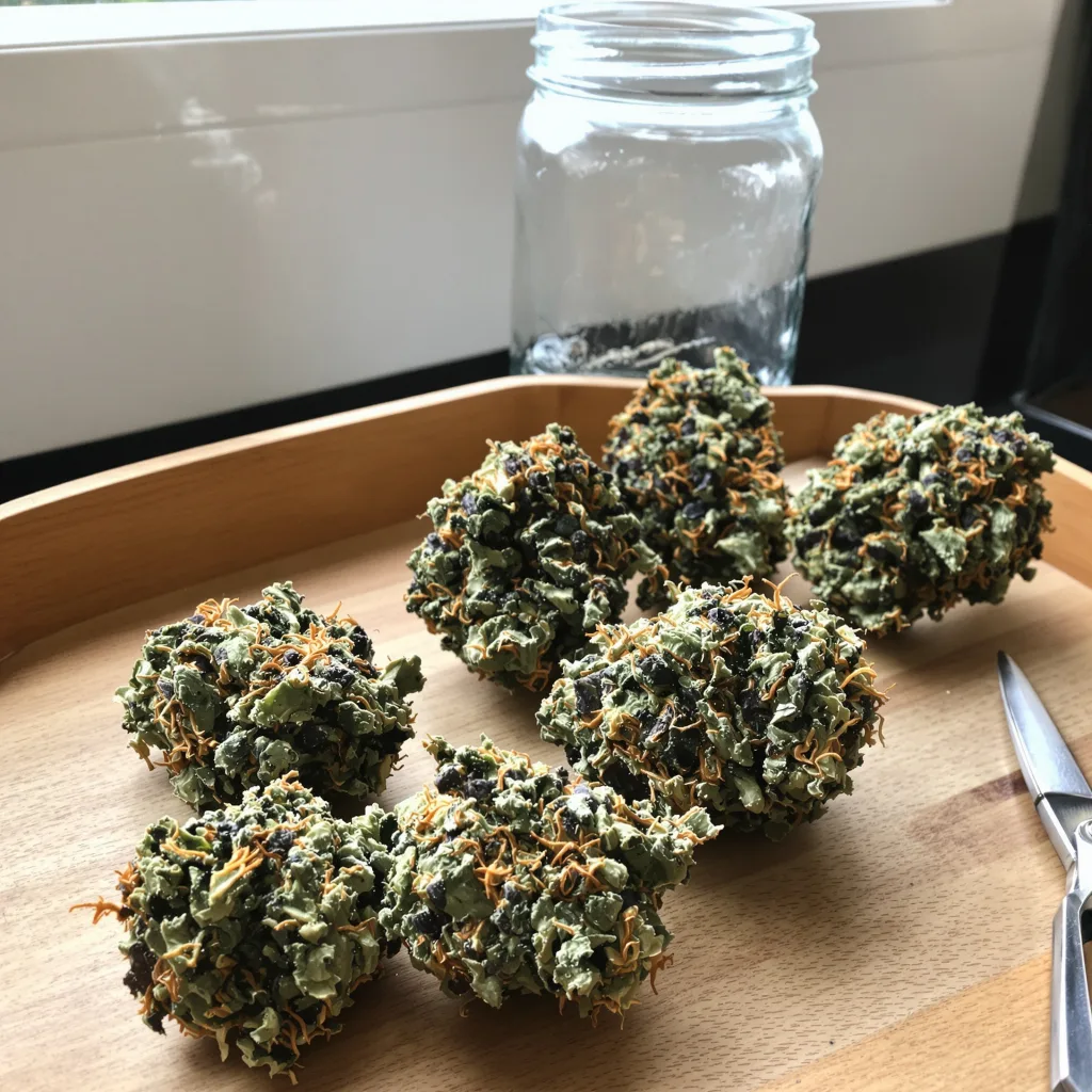 Peanut Butter Breath 70% indica / 30% sativa — fleur avec trichomes visibles