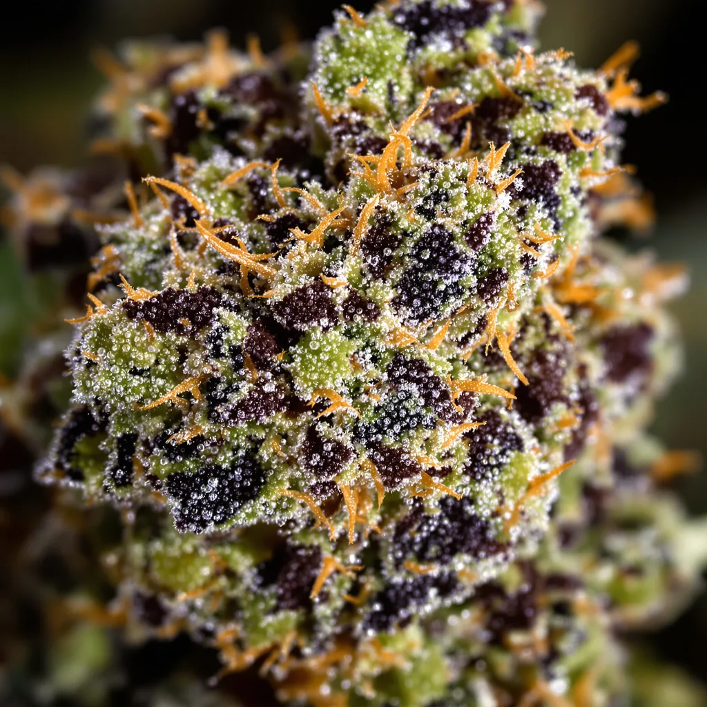 Gros plan de fleur de cannabis Peanut Butter Breath montrant calices denses aux reflets violets