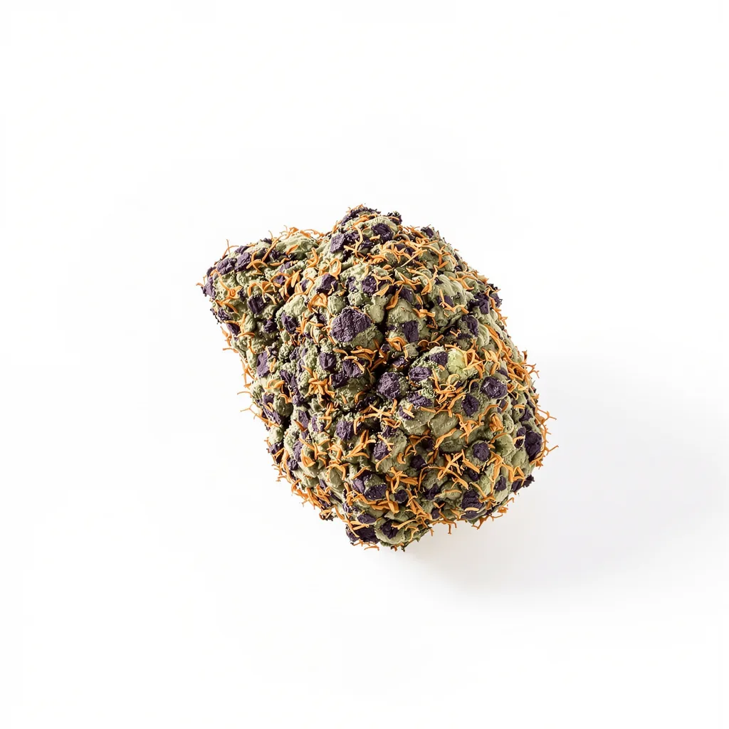 Peanut Butter Breath 70% indica / 30% sativa — fleur avec trichomes visibles