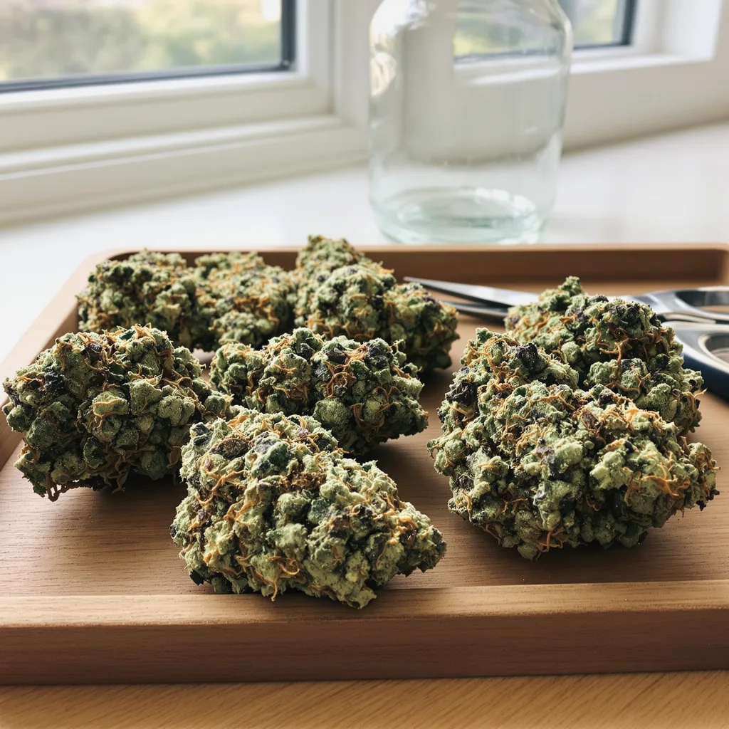 Peanut Butter Breath 50% indica / 50% sativa — fleur avec trichomes visibles