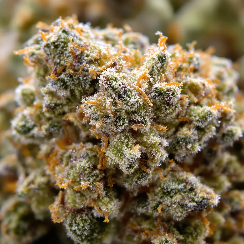 Gros plan de fleur de cannabis Peanut Butter Breath montrant structure équilibrée avec trichomes givrés