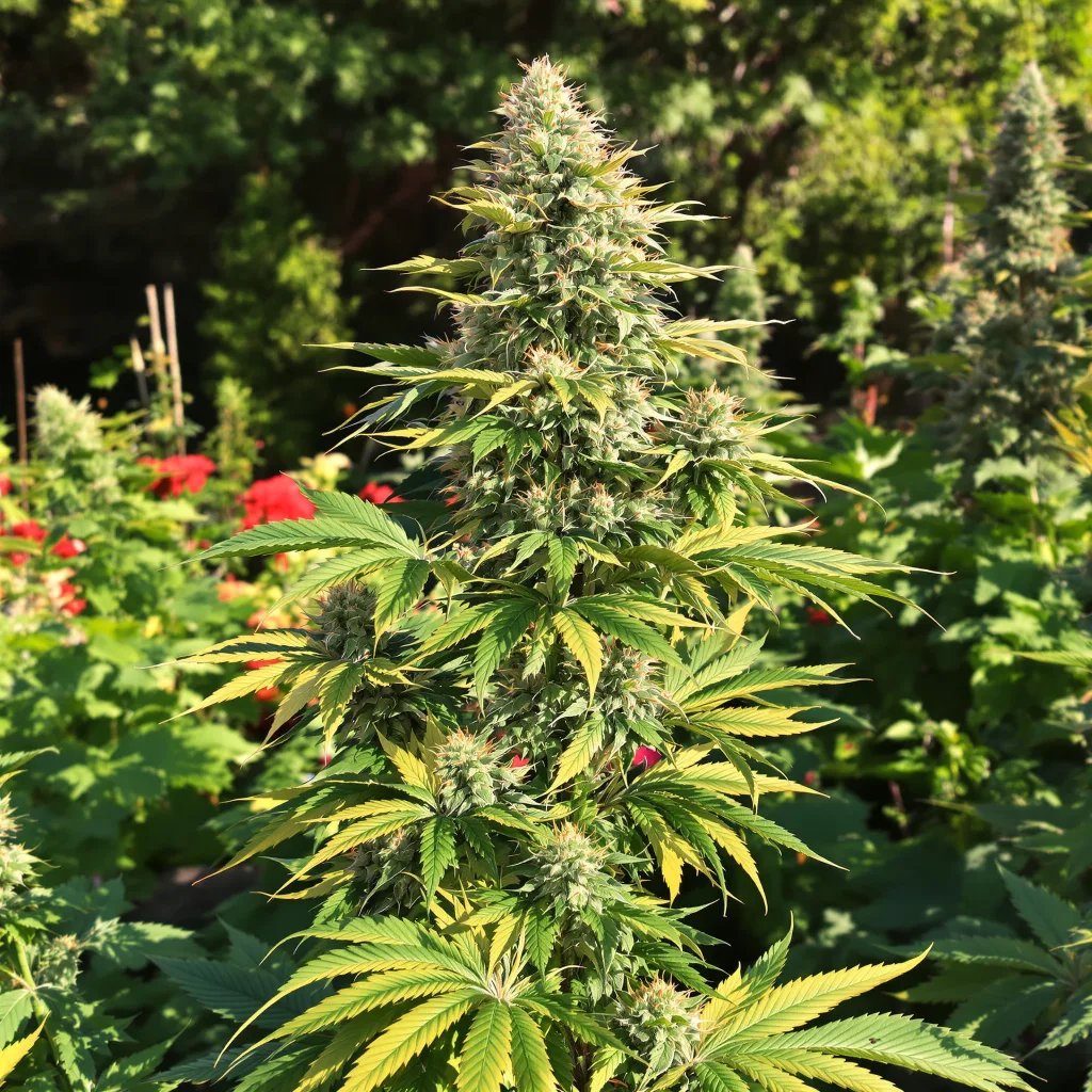 Peanut Butter Breath 50% indica / 50% sativa — fleur avec trichomes visibles