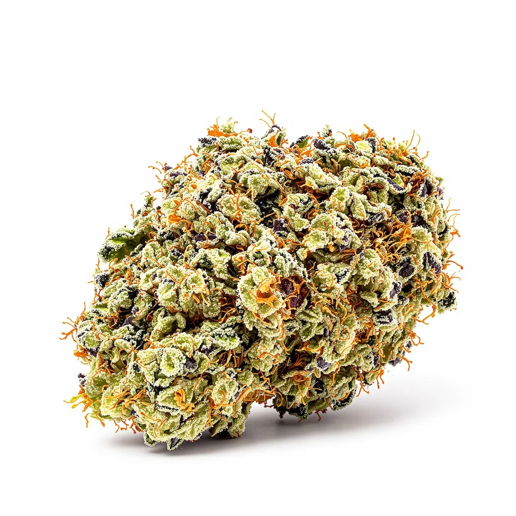 Peanut Butter Breath 50% indica / 50% sativa — fleur avec trichomes visibles