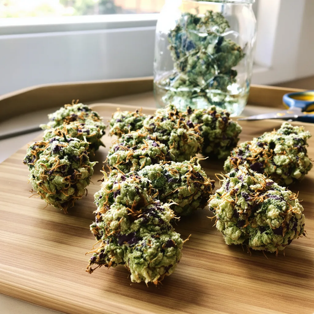 Peanut Butter Gelato 55% indica / 45% sativa — fleur avec trichomes visibles