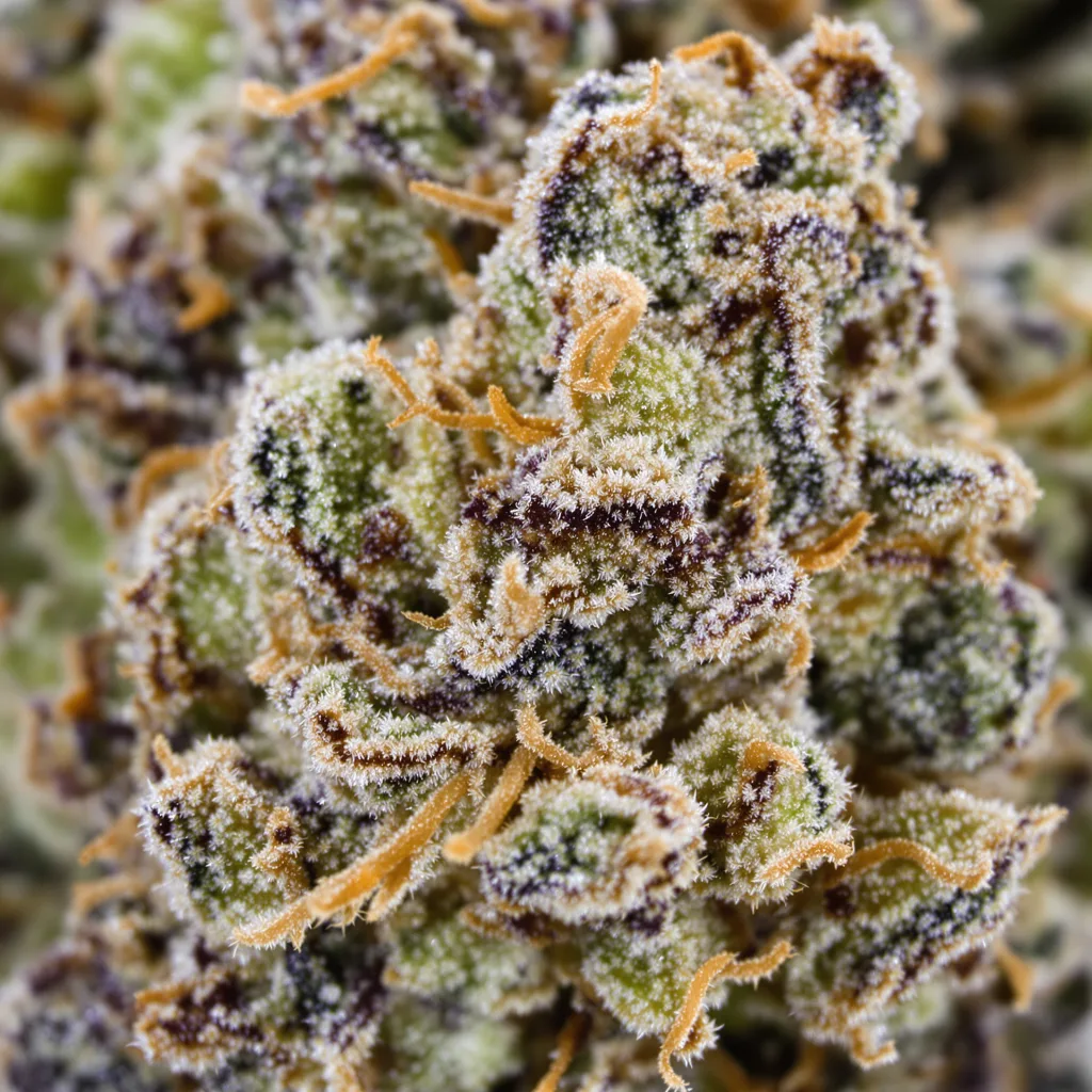Gros plan de fleur de cannabis Peanut Butter Gelato montrant structure équilibrée avec trichomes givrés