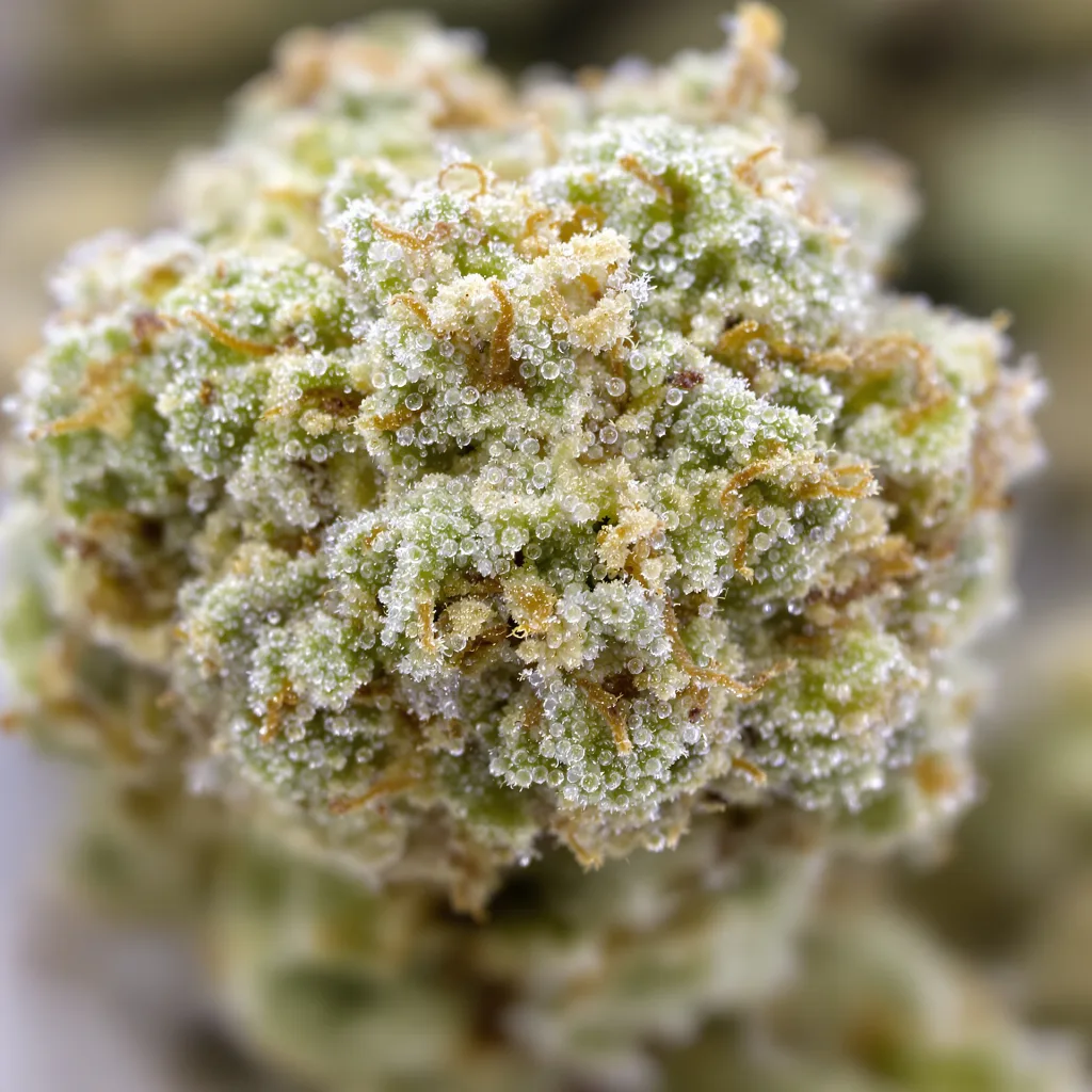 Gros plan de fleur de cannabis Pennywise CBD montrant fleur claire à faible résine
