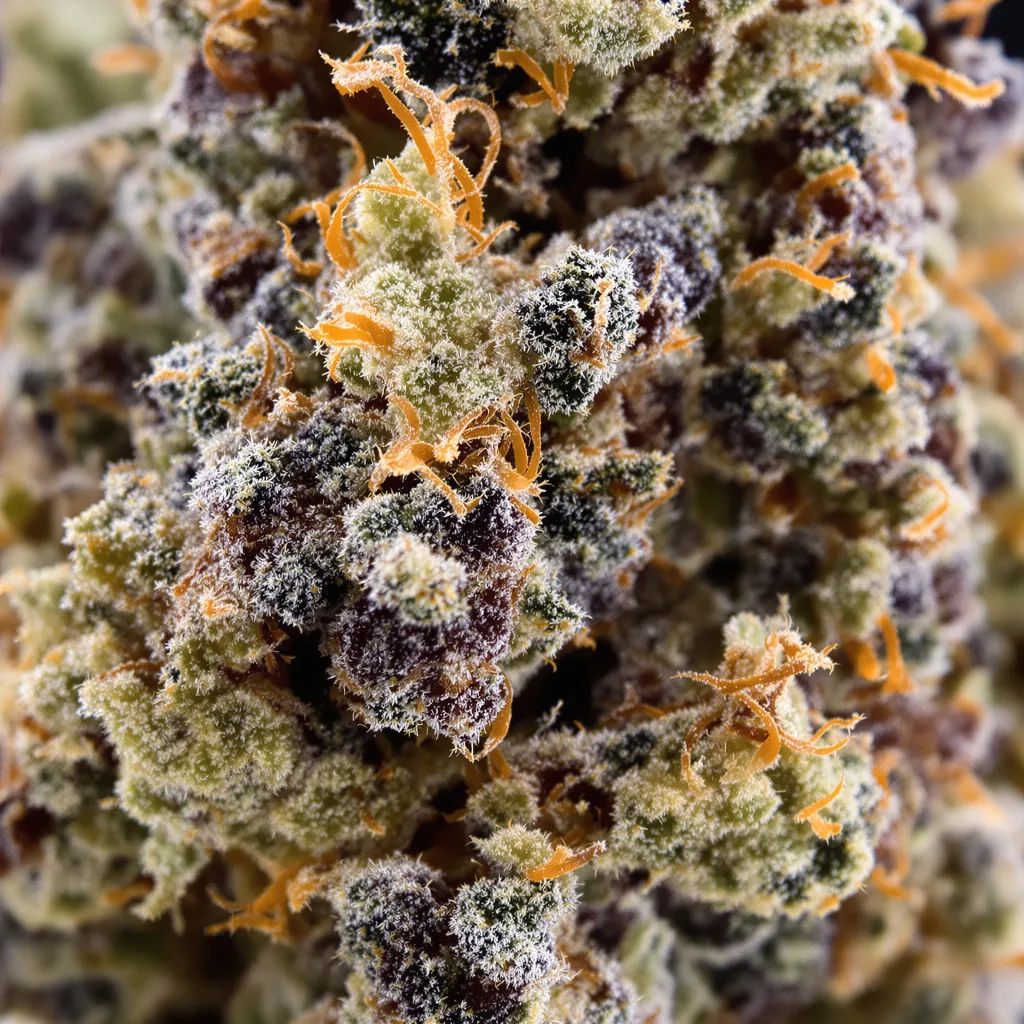 Gros plan de fleur de cannabis Pennywise montrant calices denses aux reflets violets
