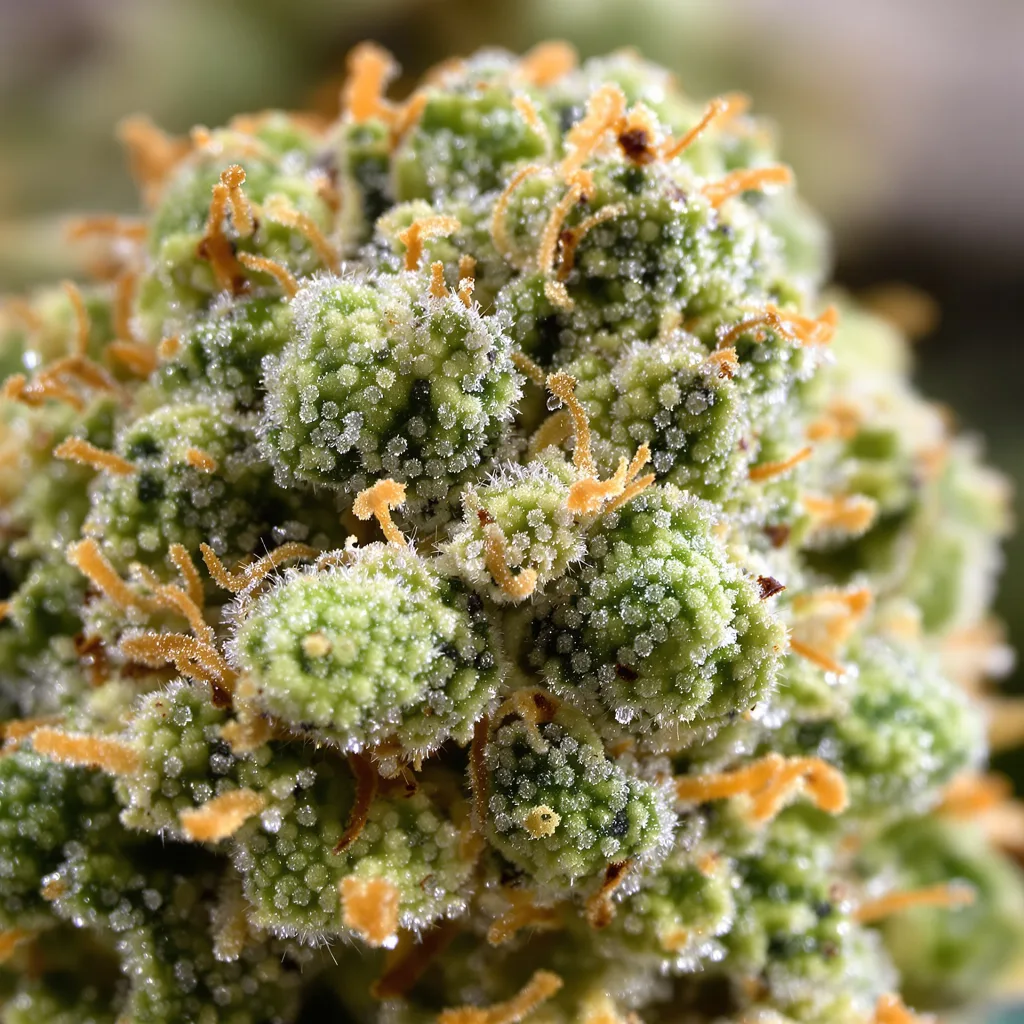 Gros plan de fleur de cannabis Permafrost montrant structure aérée vert lime
