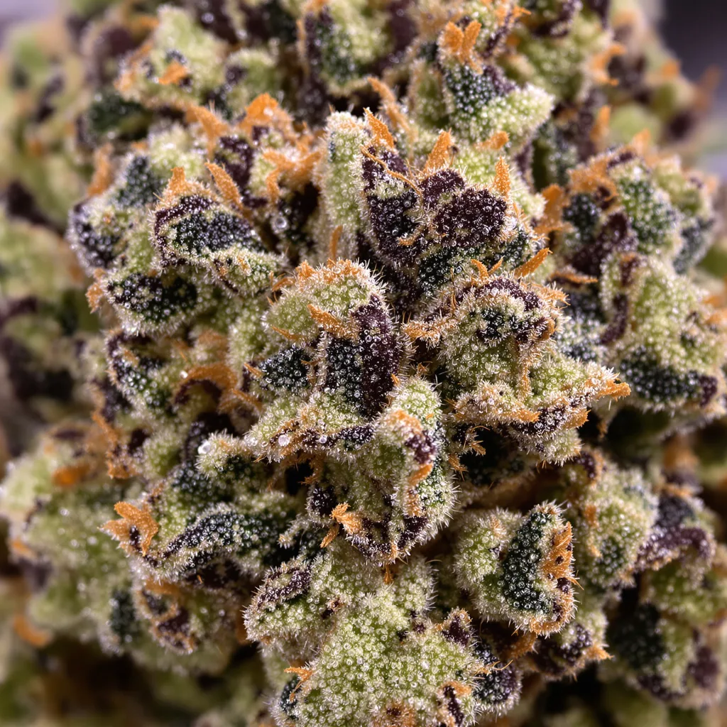 Gros plan de fleur de cannabis Peyote Gorilla montrant calices denses aux reflets violets