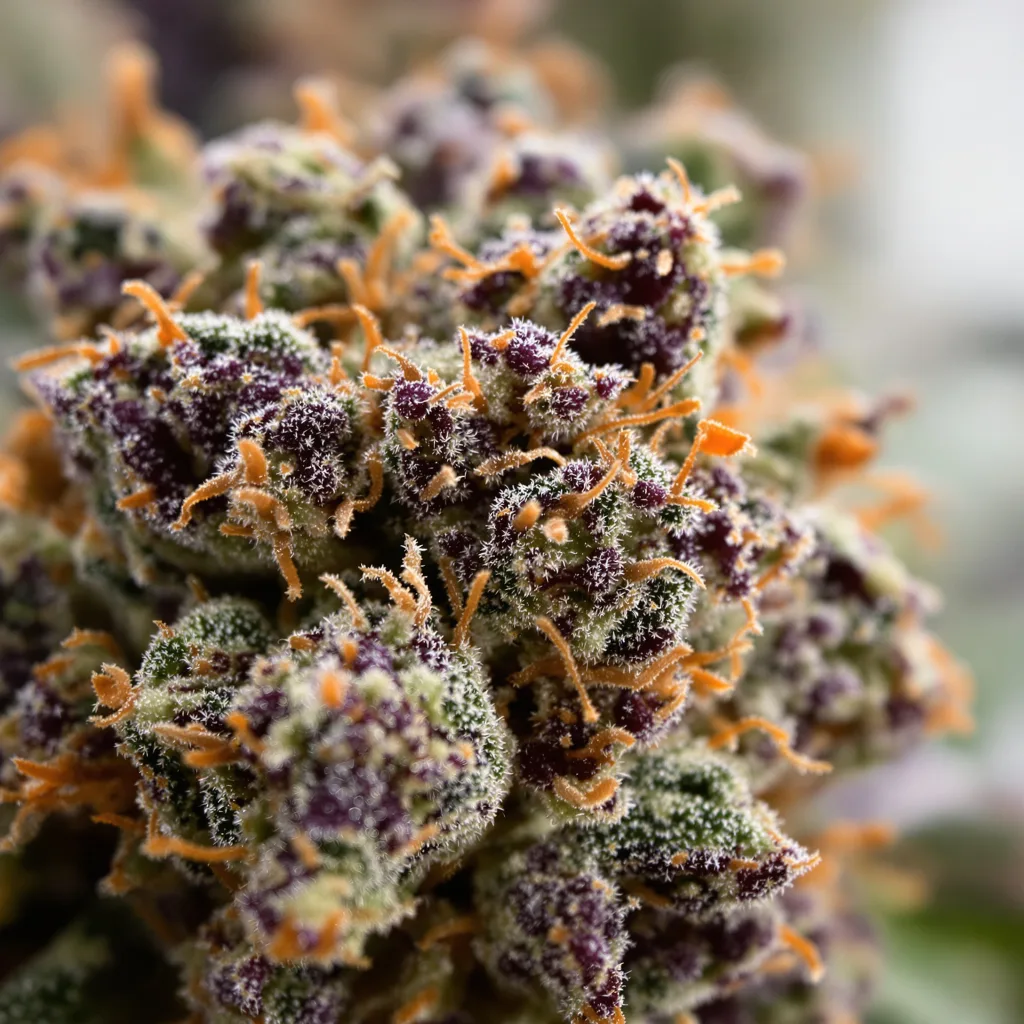 Gros plan de fleur de cannabis Pez montrant calices denses aux reflets violets