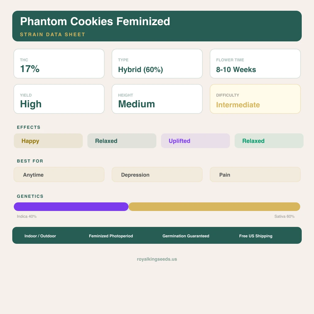 Phantom Cookies 40% indica / 60% sativa — fleur avec trichomes visibles