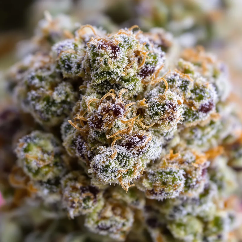 Gros plan de fleur de cannabis Phantom Cookies montrant structure ouverte avec pistils orangés