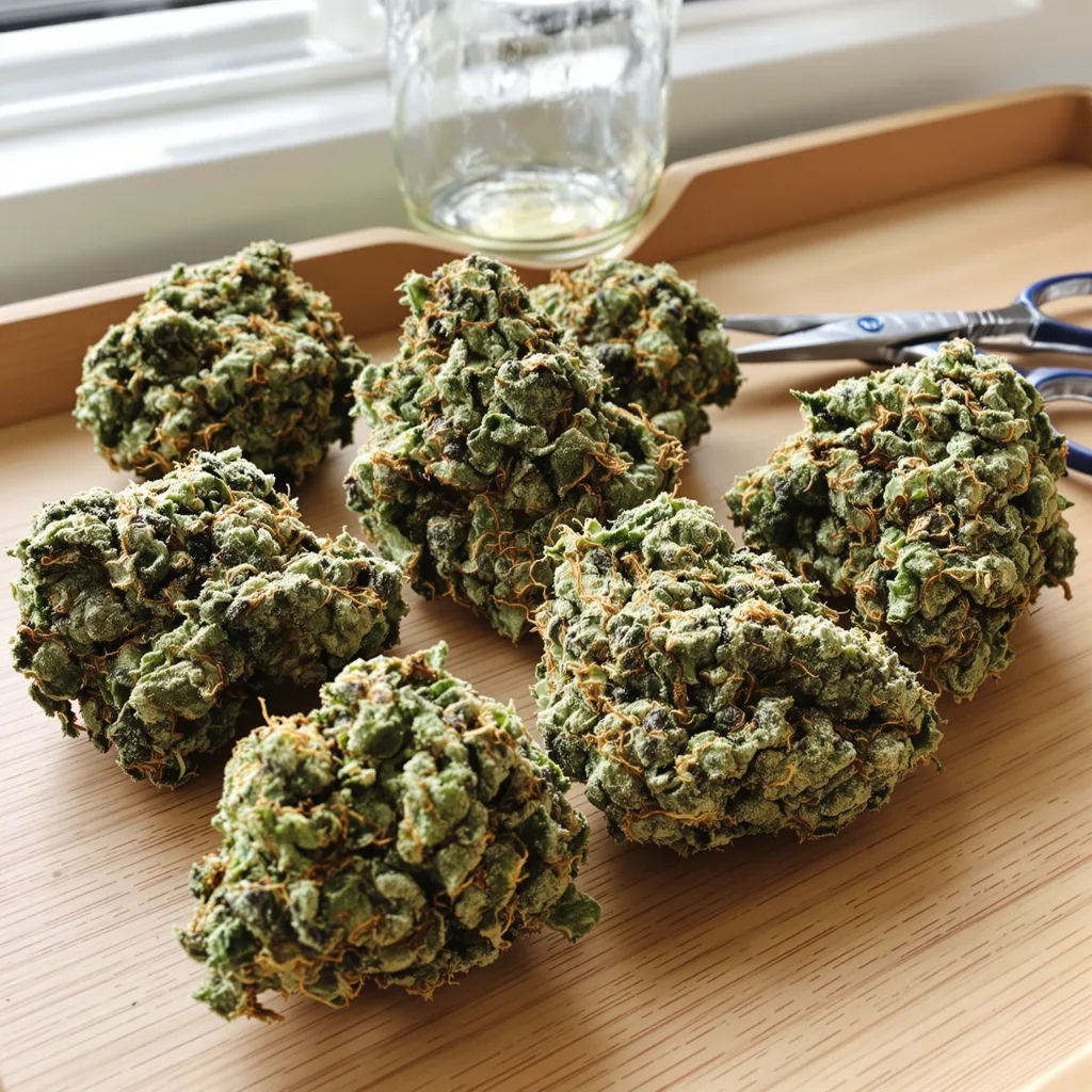 Phantom OG 50% indica / 50% sativa — fleur avec trichomes visibles