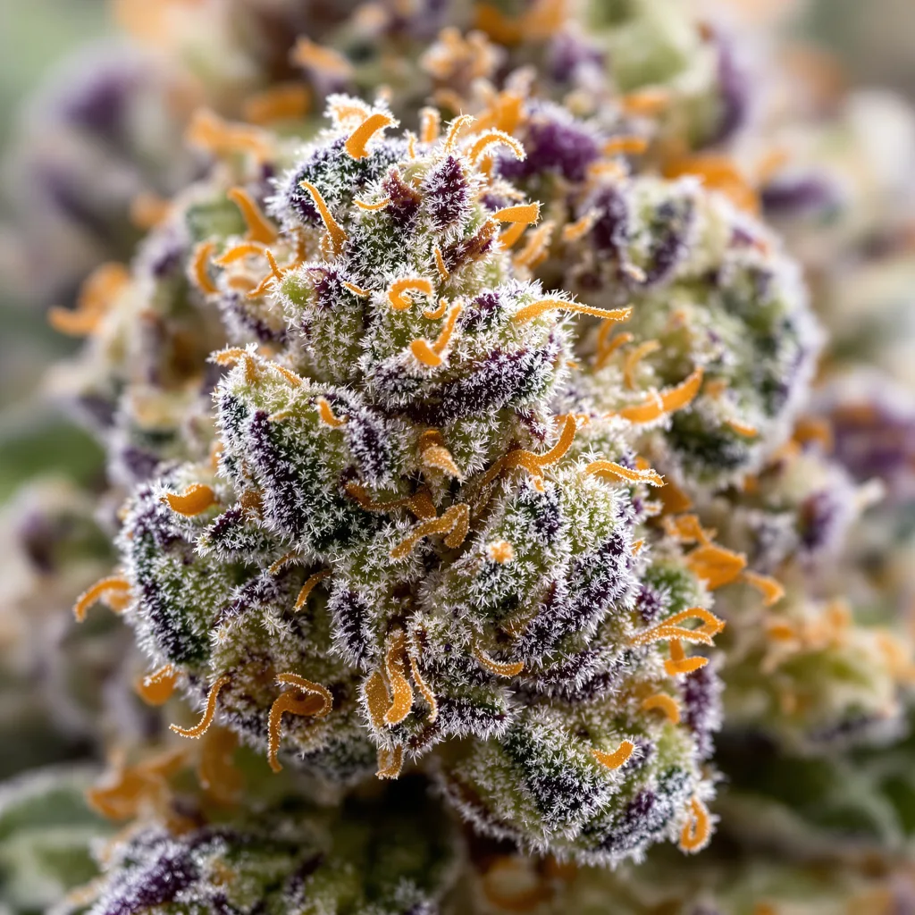 Gros plan de fleur de cannabis Phantom OG montrant structure équilibrée avec trichomes givrés