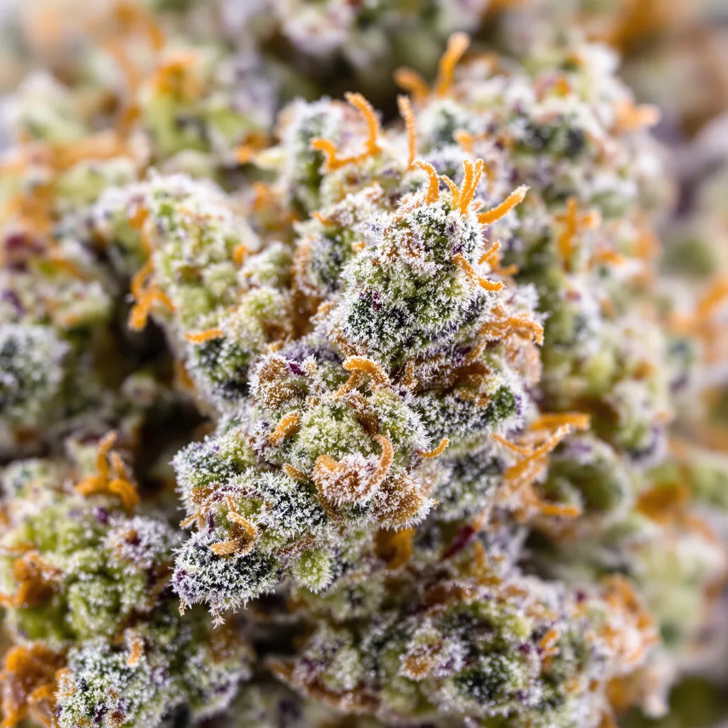 Gros plan de fleur de cannabis Pina Colada montrant structure équilibrée avec trichomes givrés