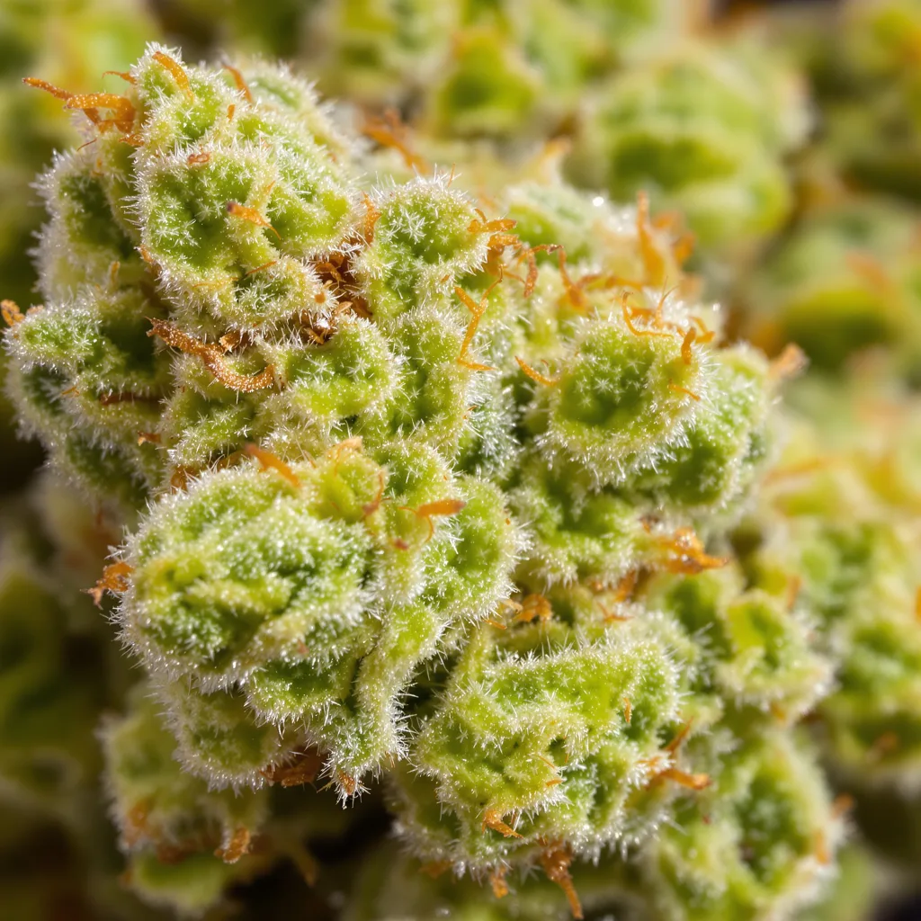 Gros plan de fleur de cannabis Pincher's Creek montrant structure aérée vert lime