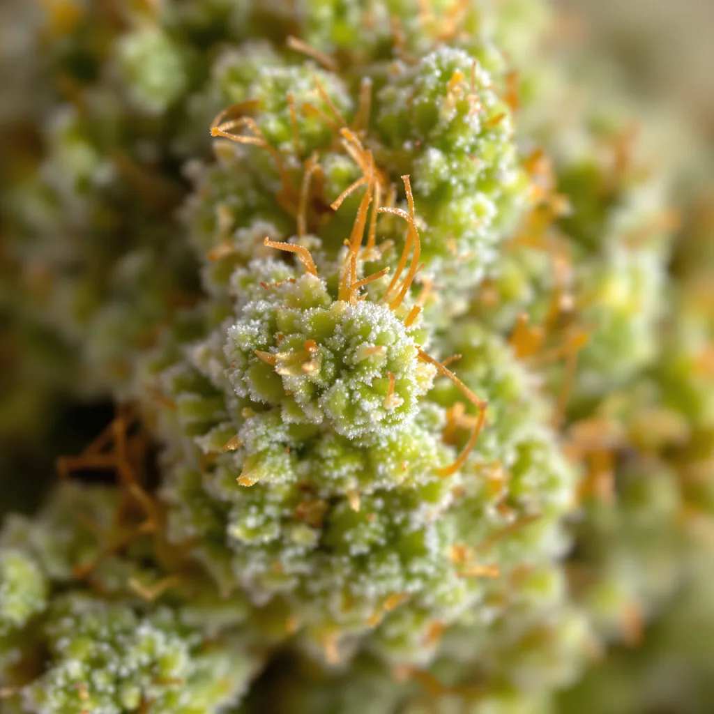 Gros plan de fleur de cannabis Pine montrant structure aérée vert lime