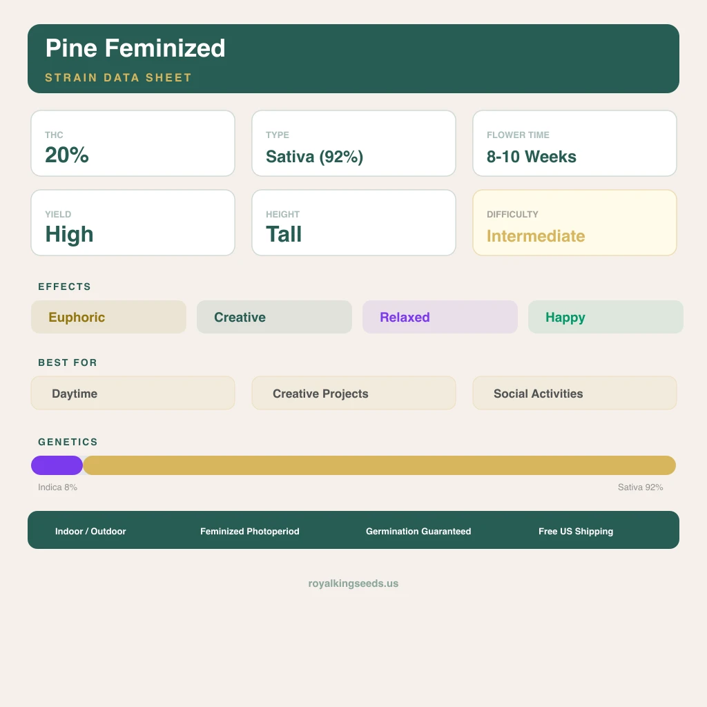 Pine 8% indica / 92% sativa — fleur avec trichomes visibles