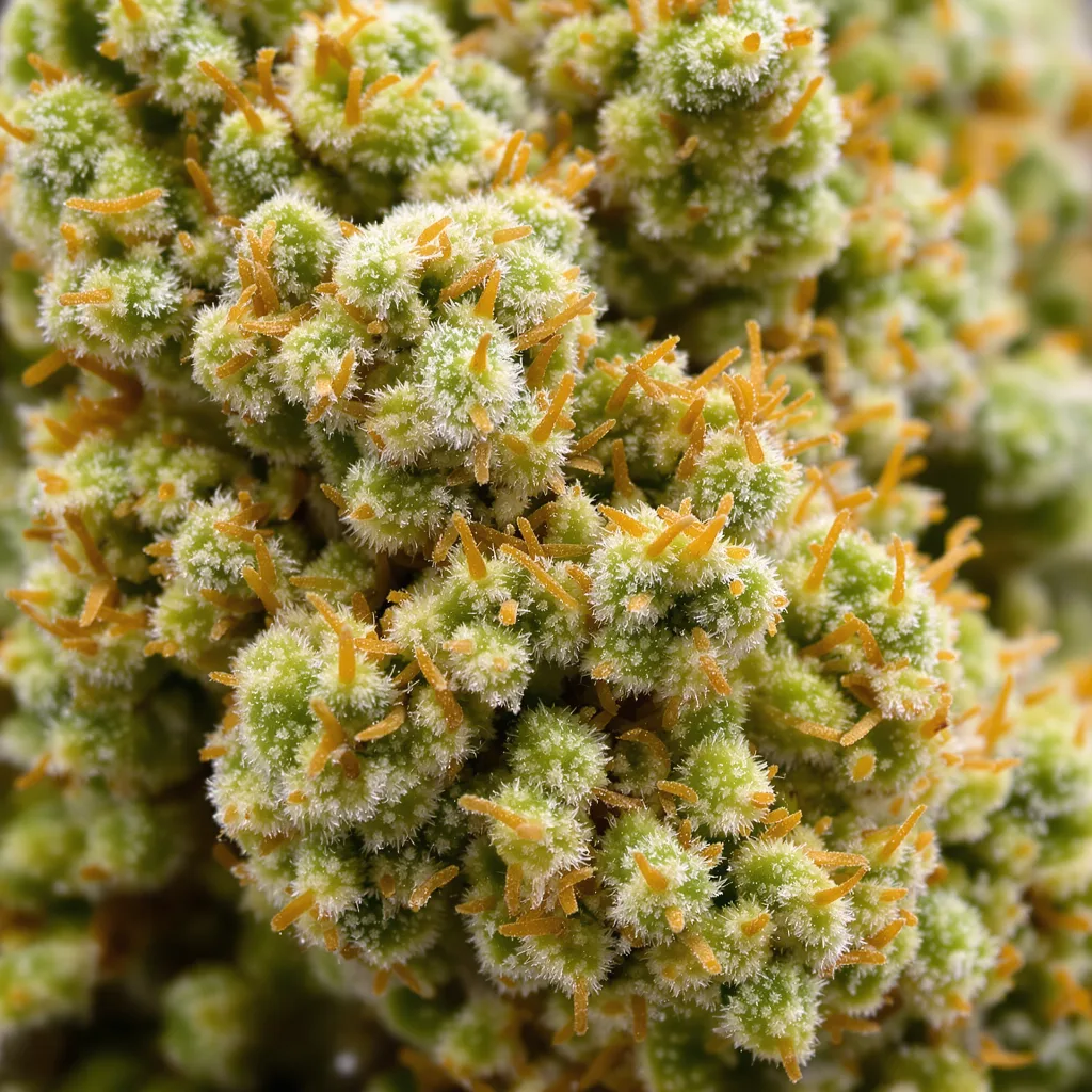 Gros plan de fleur de cannabis Pine montrant structure aérée vert lime