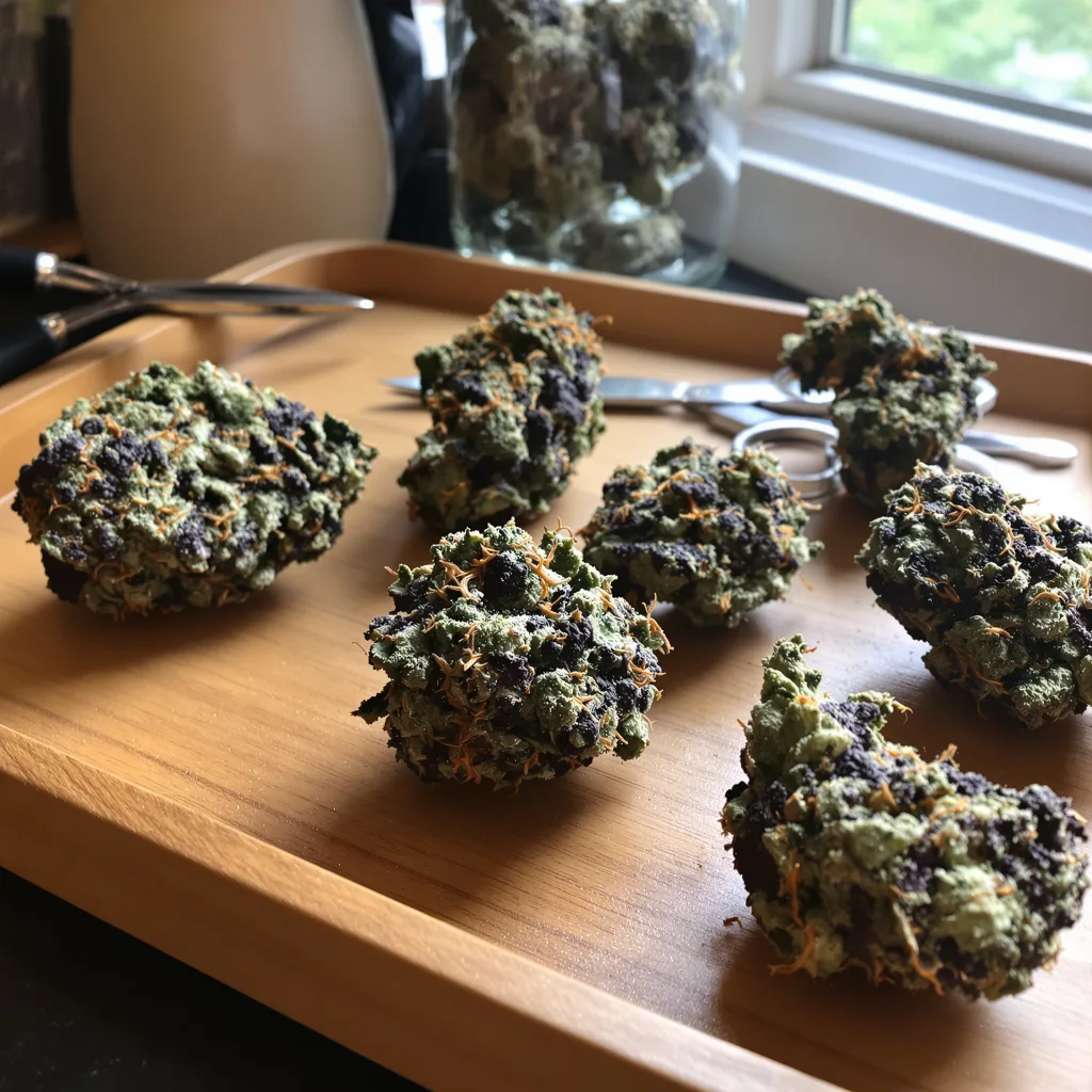 Pine Tar Kush 65% indica / 35% sativa — fleur avec trichomes visibles