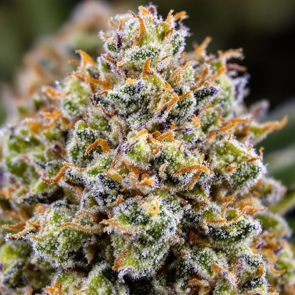 Gros plan de fleur de cannabis Pineapple montrant structure équilibrée avec trichomes givrés
