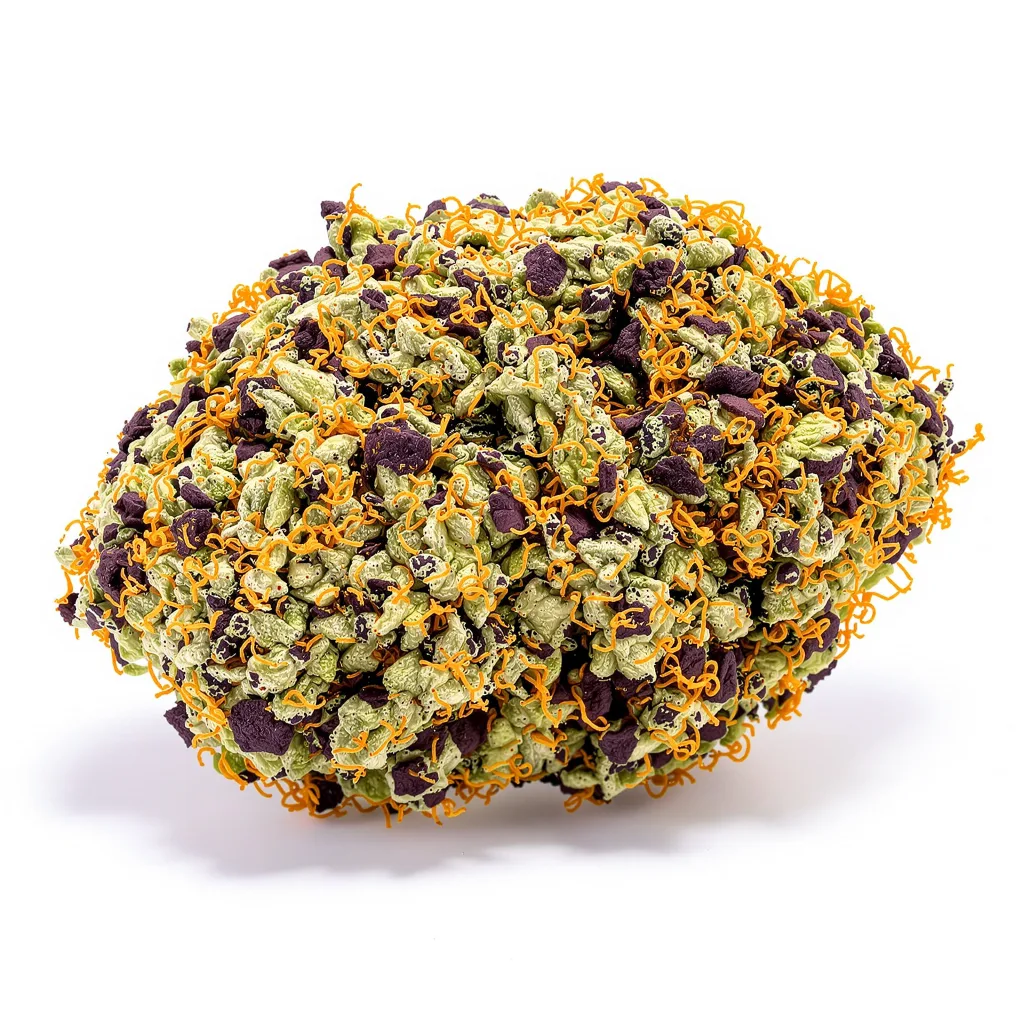 Pineapple Chunk 80% indica / 20% sativa — fleur avec trichomes visibles