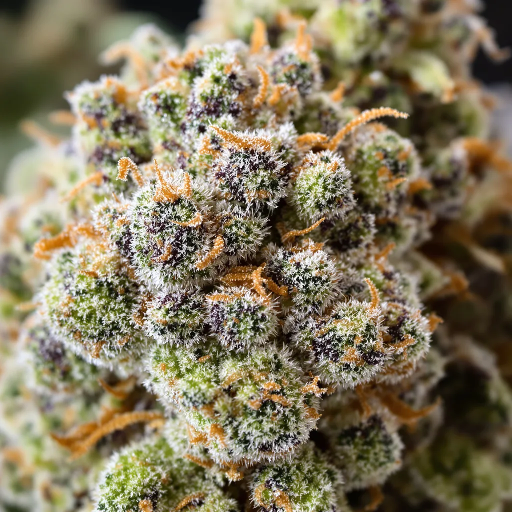 Gros plan de fleur de cannabis Pineapple Diesel montrant structure équilibrée avec trichomes givrés