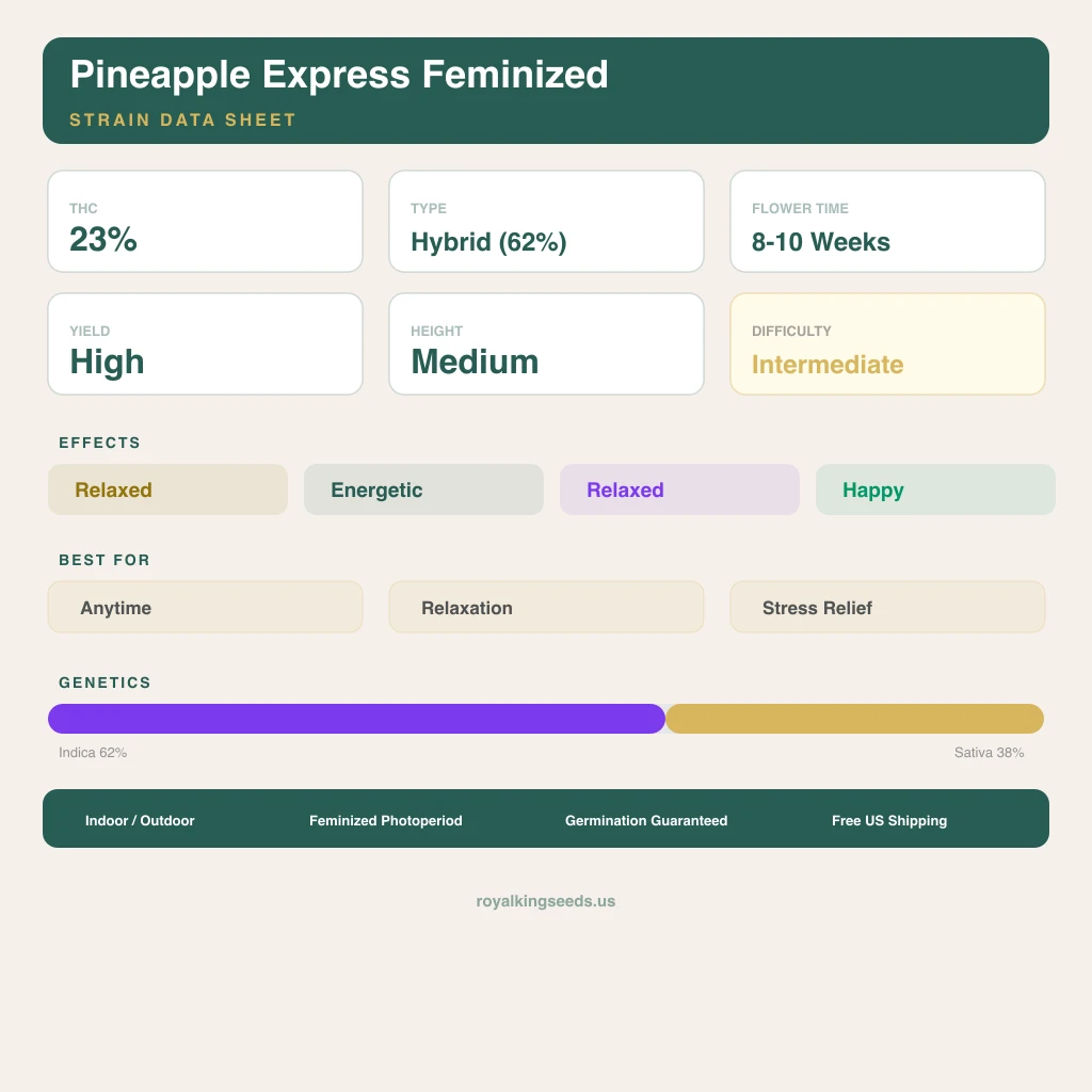 Pineapple Express 62% indica / 38% sativa — fleur avec trichomes visibles