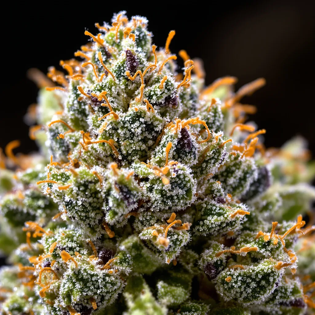 Gros plan de fleur de cannabis Pineapple Express montrant nugs denses vert forêt