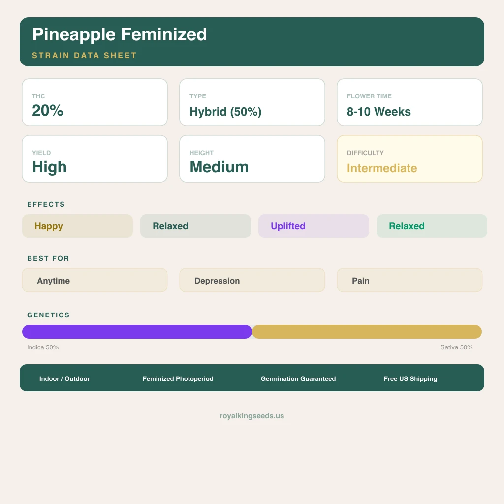 Pineapple 50% indica / 50% sativa — fleur avec trichomes visibles