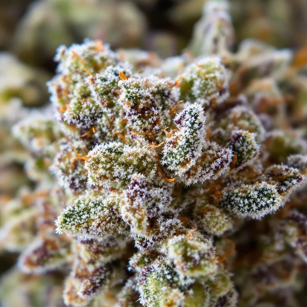 Gros plan de fleur de cannabis Pineapple montrant structure équilibrée avec trichomes givrés