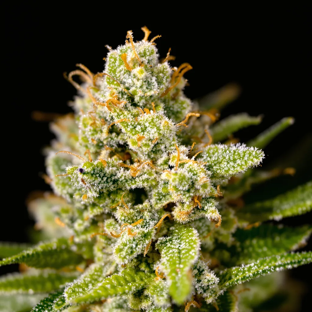 Gros plan de fleur de cannabis Pineapple Haze montrant structure aérée vert lime