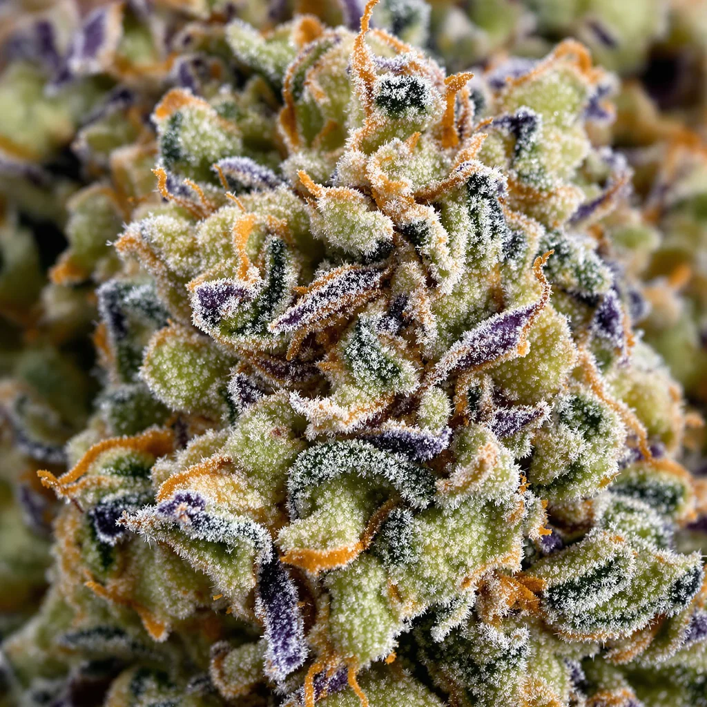 Gros plan de fleur de cannabis Pineapple Kush montrant structure équilibrée avec trichomes givrés