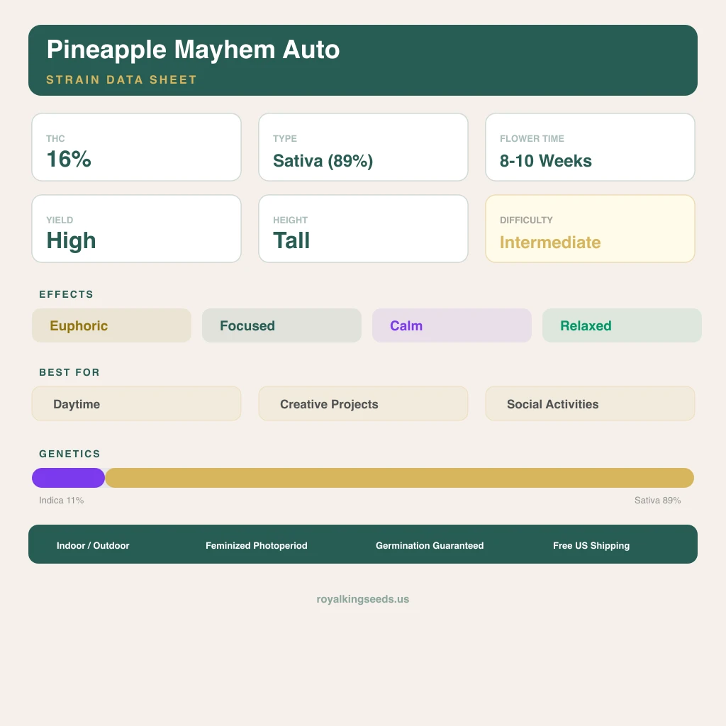 Pineapple Mayhem 11% indica / 89% sativa — fleur avec trichomes visibles
