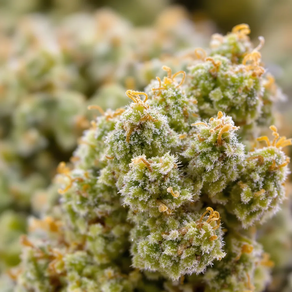 Gros plan de fleur de cannabis Pineapple Mayhem montrant structure aérée vert lime