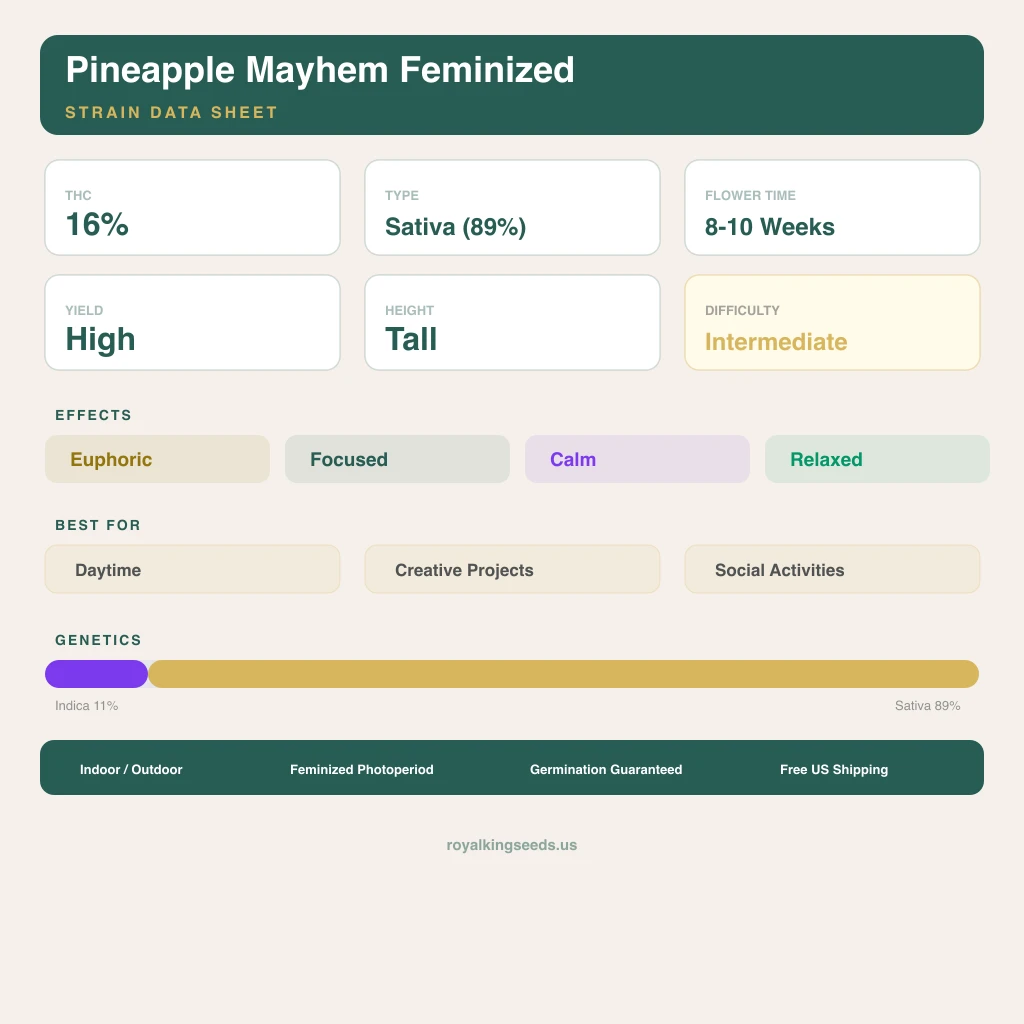 Pineapple Mayhem 11% indica / 89% sativa — fleur avec trichomes visibles