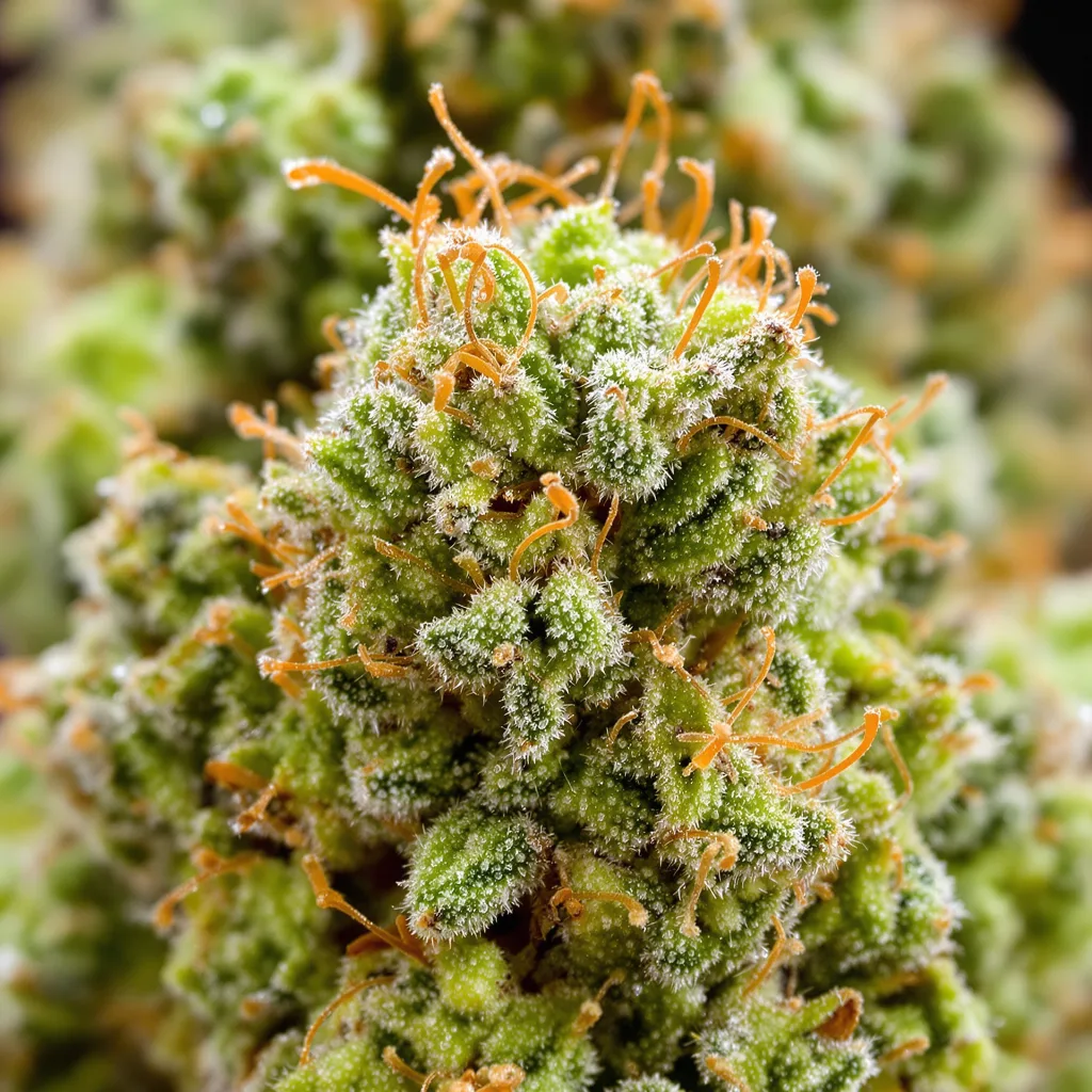 Gros plan de fleur de cannabis Pineapple Mayhem montrant structure aérée vert lime