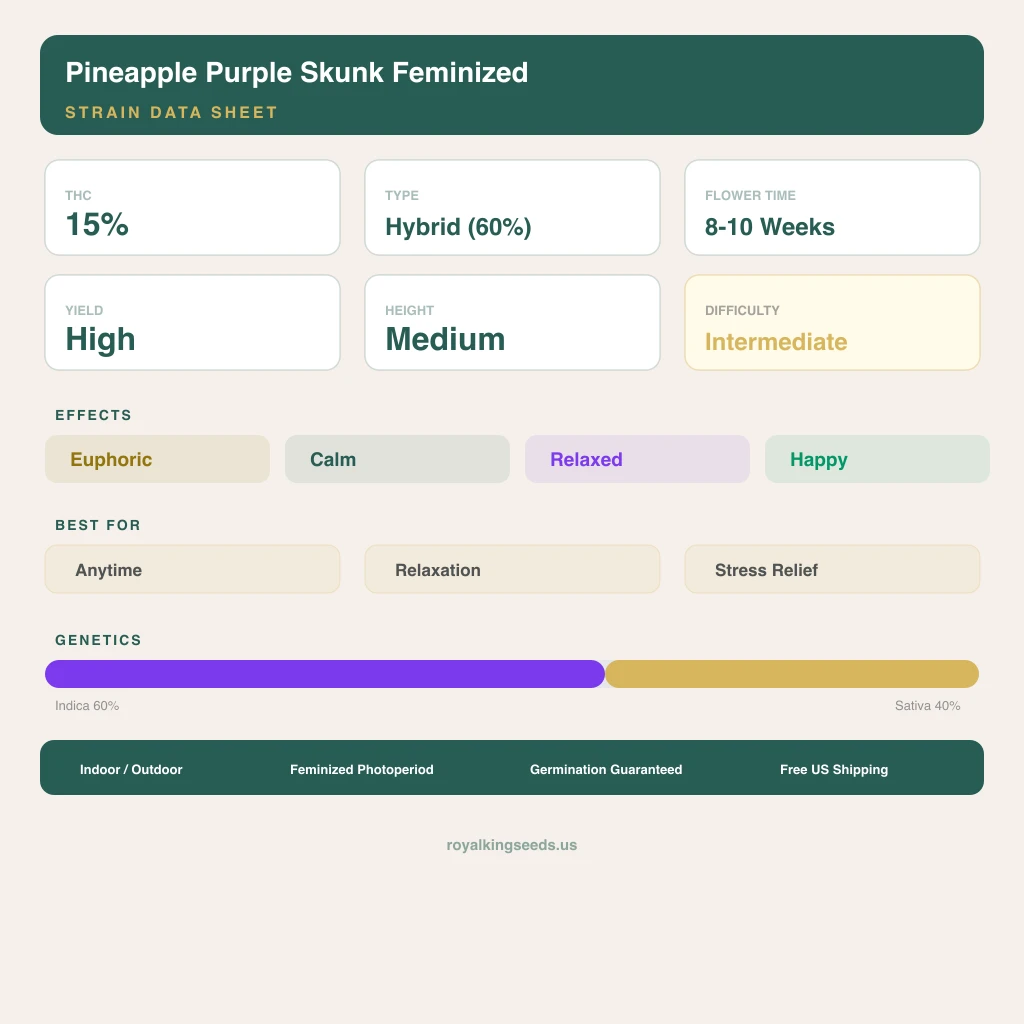 Pineapple Purple Skunk 60% indica / 40% sativa — fleur avec trichomes visibles