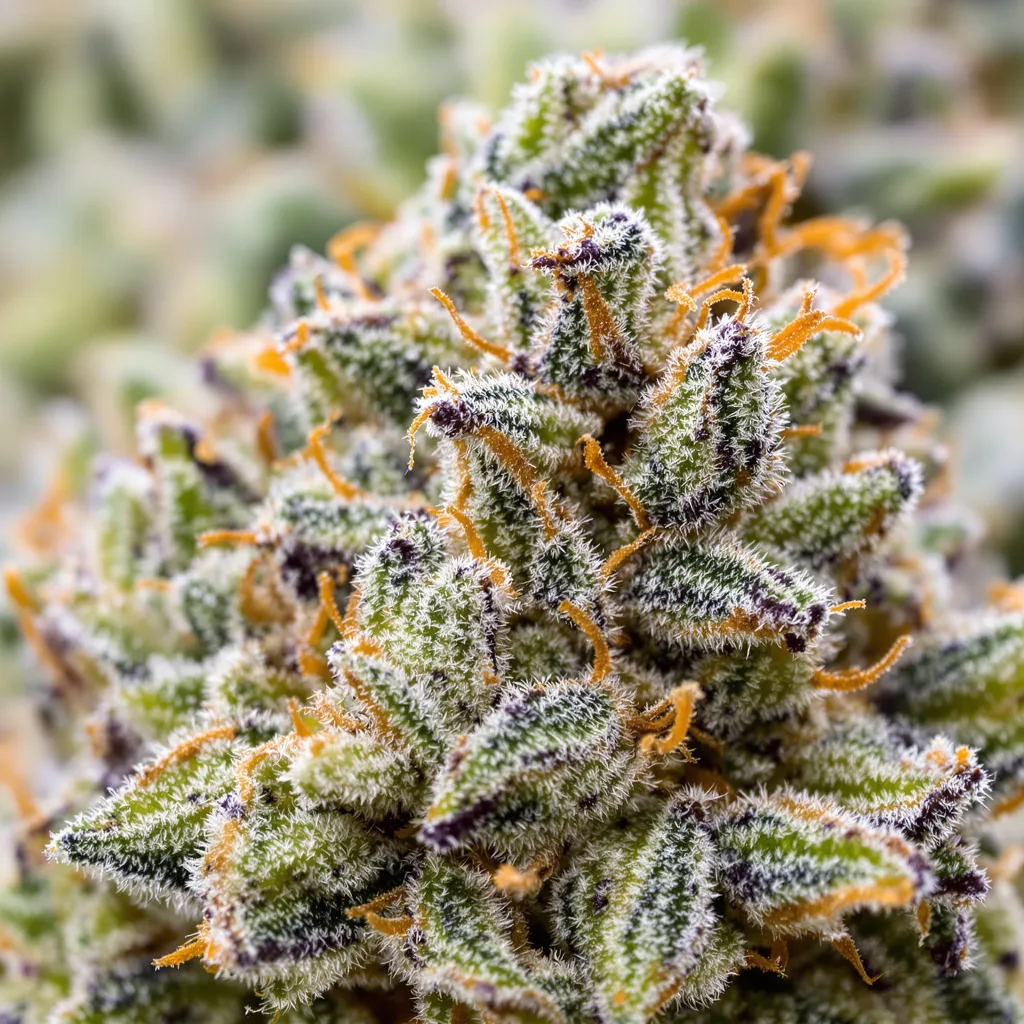 Gros plan de fleur de cannabis Pineapple Purple Skunk montrant nugs denses vert forêt