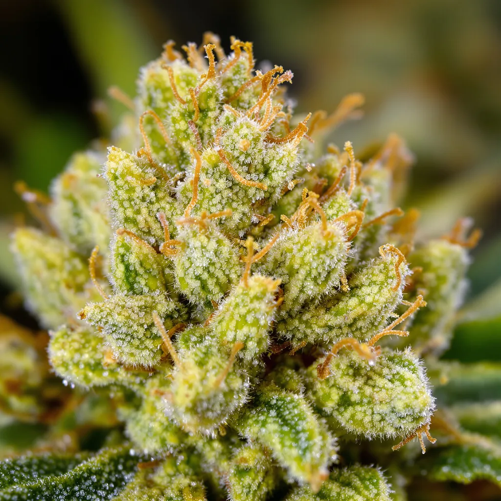 Gros plan de fleur de cannabis Pineapple Thai montrant structure aérée vert lime