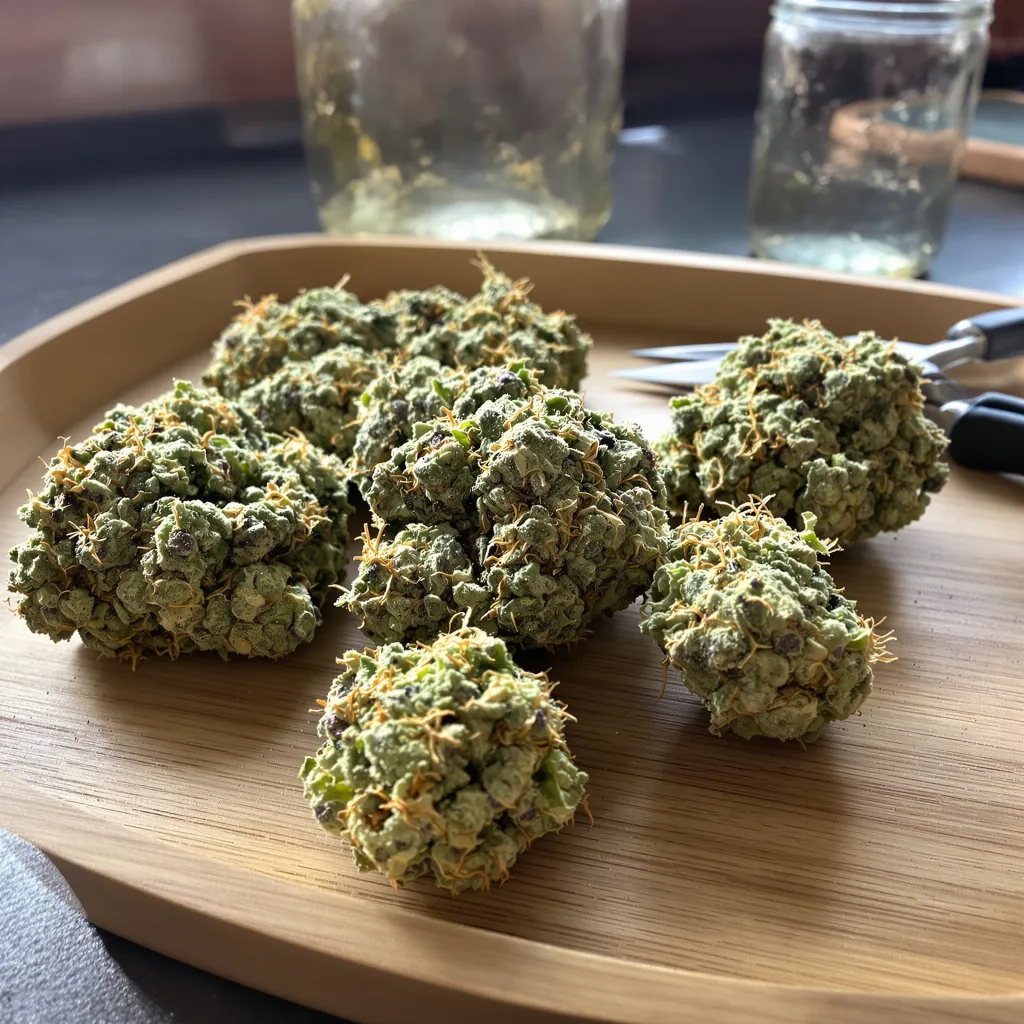 Pineapple Trainwreck 20% indica / 80% sativa — fleur avec trichomes visibles