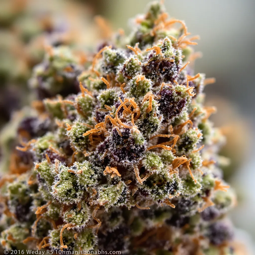 Gros plan de fleur de cannabis Pink Bubba montrant calices denses aux reflets violets