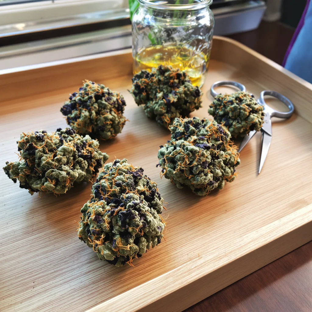 Pink Champagne 71% indica / 29% sativa — fleur avec trichomes visibles