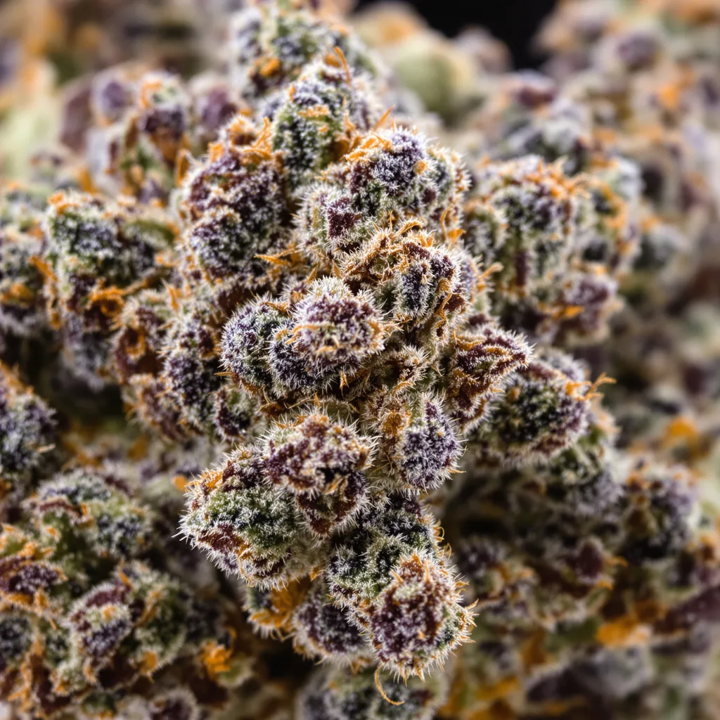 Gros plan de fleur de cannabis Pink Champagne montrant calices denses aux reflets violets
