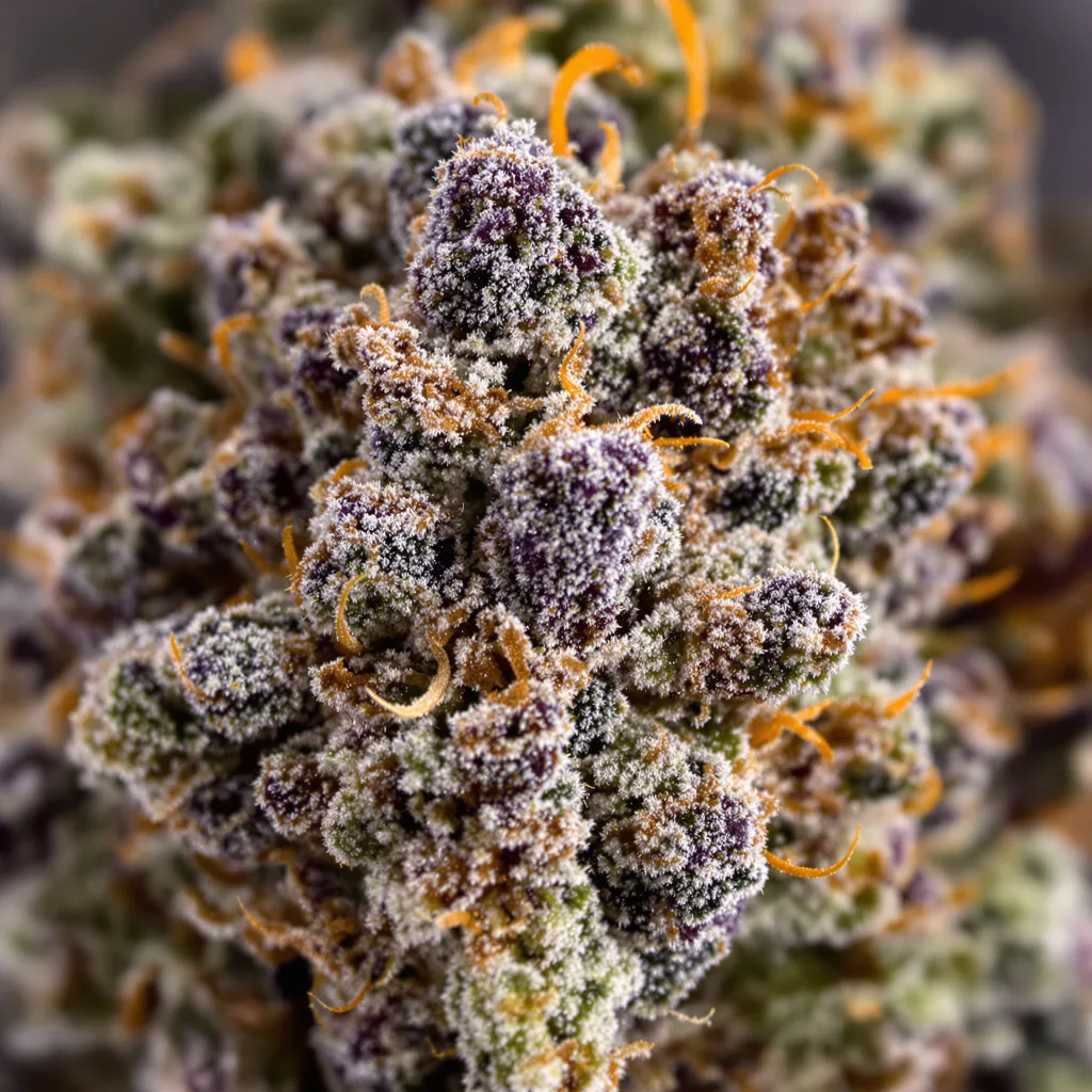 Gros plan de fleur de cannabis Pink Kush montrant calices denses aux reflets violets